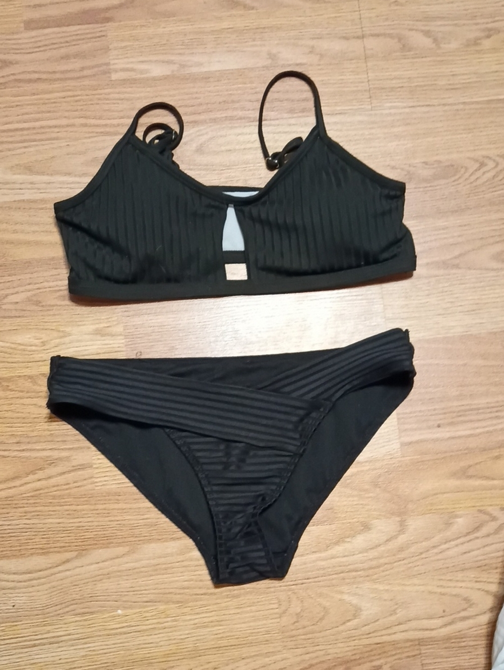Black Ribbed Two-Piece Women's Swim Set - Bralette Top & Bikini Bottom